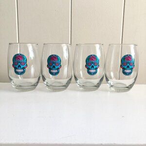 Cristar Aqua Blue Sugar Skull Stemless Wine Glasses Set of 2 Day of The Dead